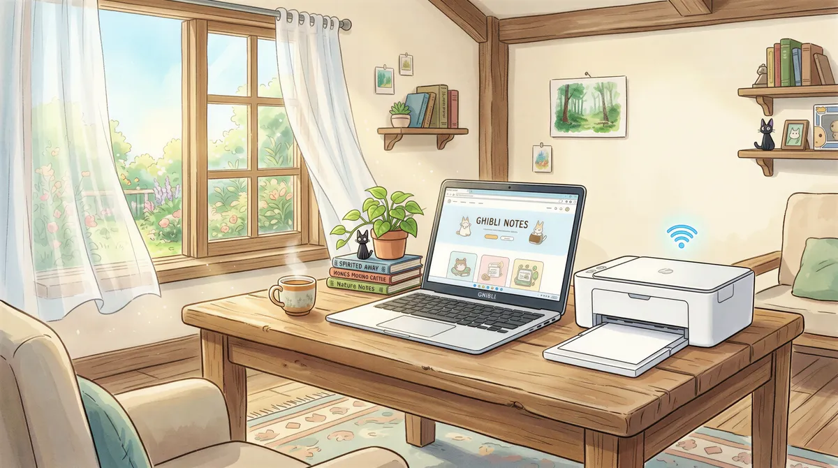 A modern laptop connected to a network printer in a sunlit Studio Ghibli inspired workspace
