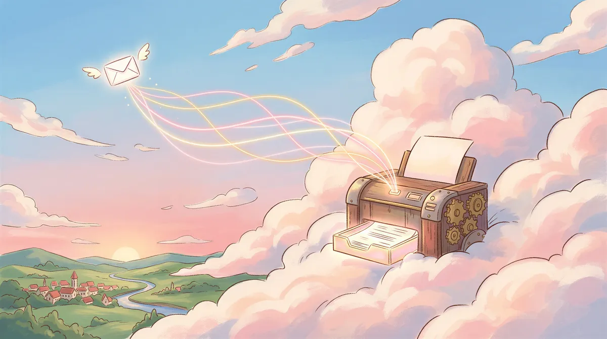 Abstract digital workflows connecting cloud services in a whimsical style