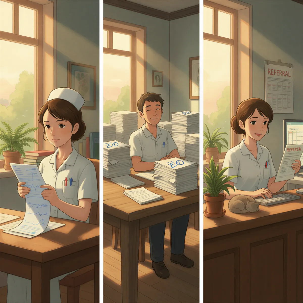 Ghibli collage style image showing three small vignettes: a lab result being reviewed, a stack of neatly organized billing papers, and a scheduler happily booking an appointment.