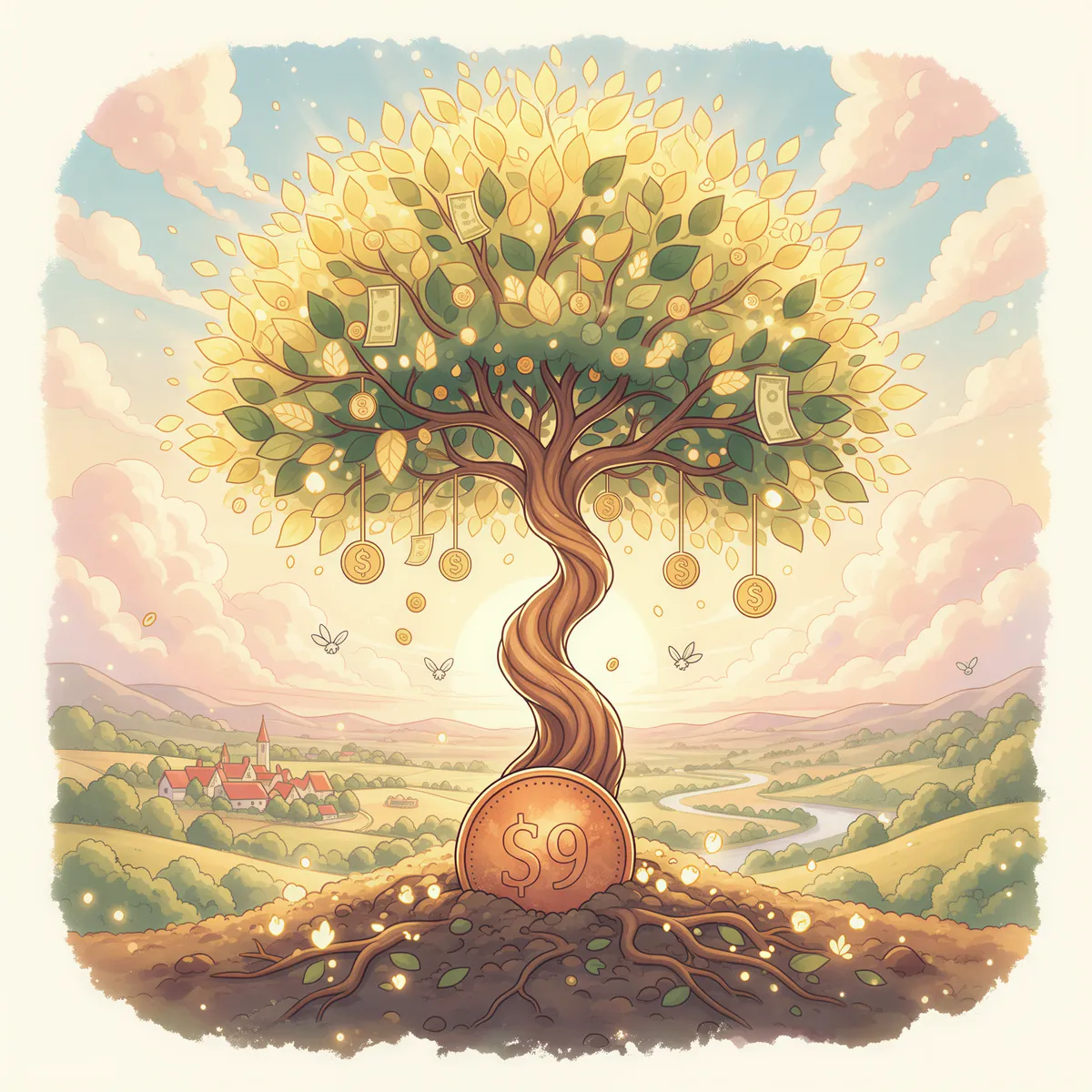 Studio Ghibli aesthetic visual metaphor for Return on Investment (ROI). A single, small, humble coin (representing the $199 cost) is placed on rich earth. Almost instantly, it sprouts into a magnificent, lush tree with warm, glowing pastel leaves, symbolizing rapid growth and savings payoff. Soft focus background, emphasis on the transformative power of the small initial investment. Warm, optimistic color scheme (sunshine yellow, deep moss green).
