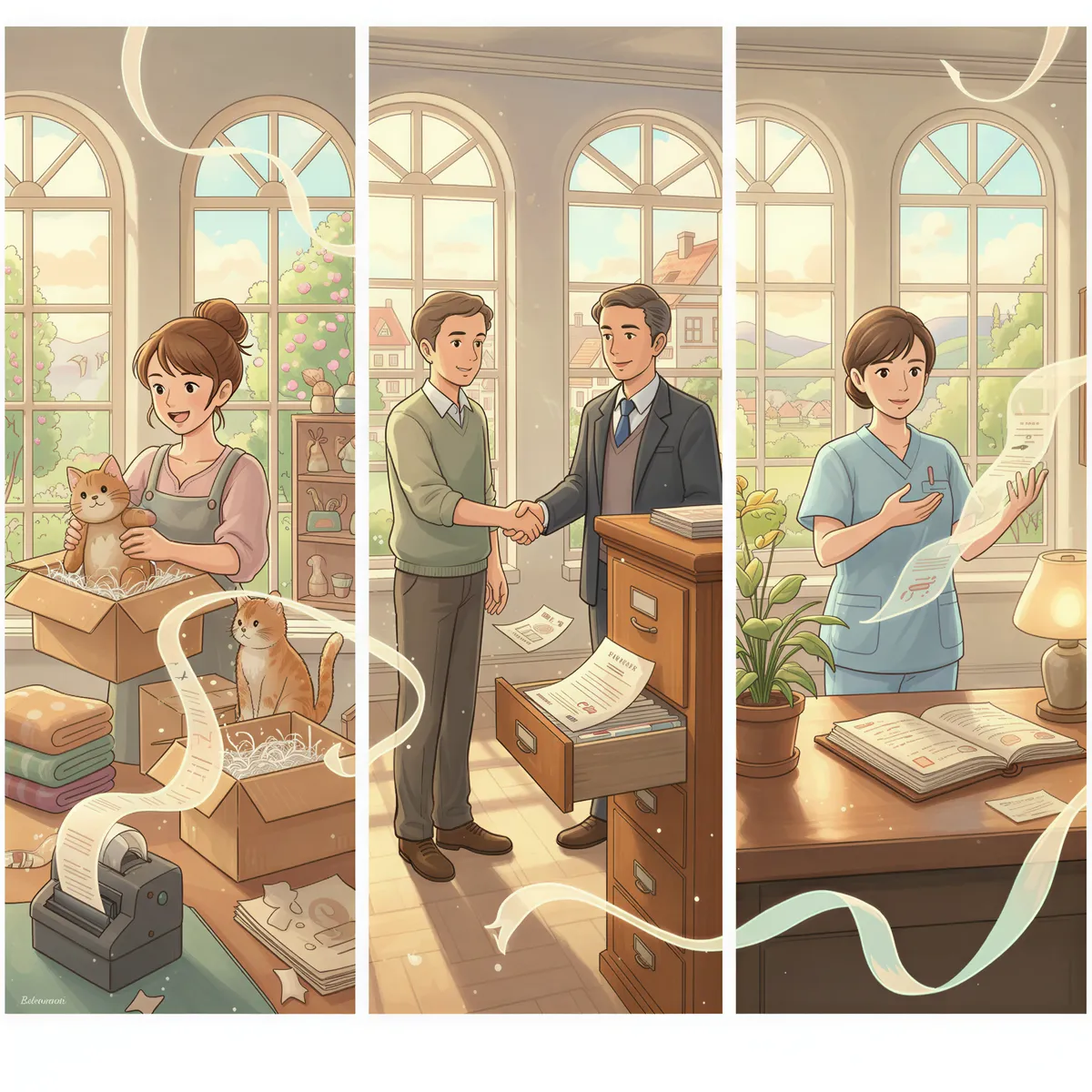 Studio Ghibli aesthetic triptych illustration. On the left, a Shopify seller happily packing a box as a label prints instantly nearby. In the center, a real estate agent shaking hands with a client while a contract neatly folds itself into a filing cabinet drawer. On the right, a calm medical professional receiving a form that slides perfectly into a patient's chart. All scenes bathed in bright, optimistic morning light with vibrant pastel colors. Shows seamless, stress-free workflow.