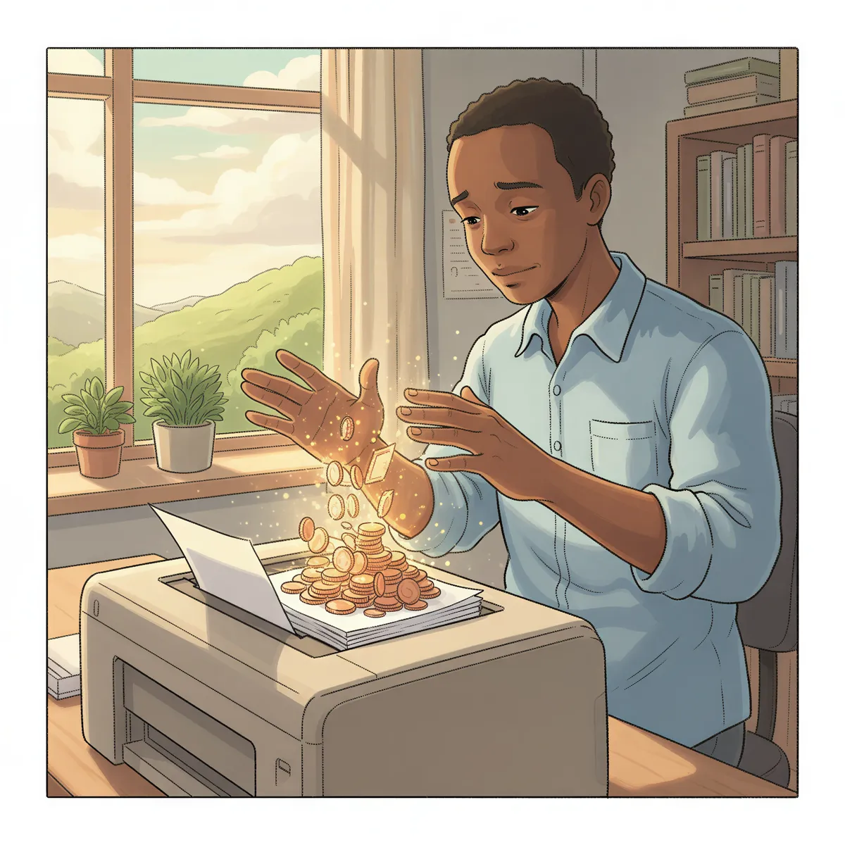 A focused shot of an employee's hands (implied Kenyan or East African context, simple attire) pausing over a standard office printer. The stack of freshly printed paper near the output tray subtly shimmers and transforms into a small, tangible pile of warm-toned coins or currency notes. Soft, golden hour lighting emphasizing the monetary value being lost. Evoke a sense of resignation and wasted resources. Mood is serious but gentle.