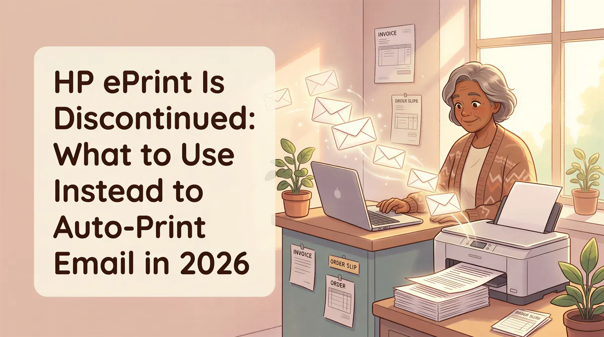 HP ePrint discontinued guide showing email-to-print replacement for auto-printing documents in 2026