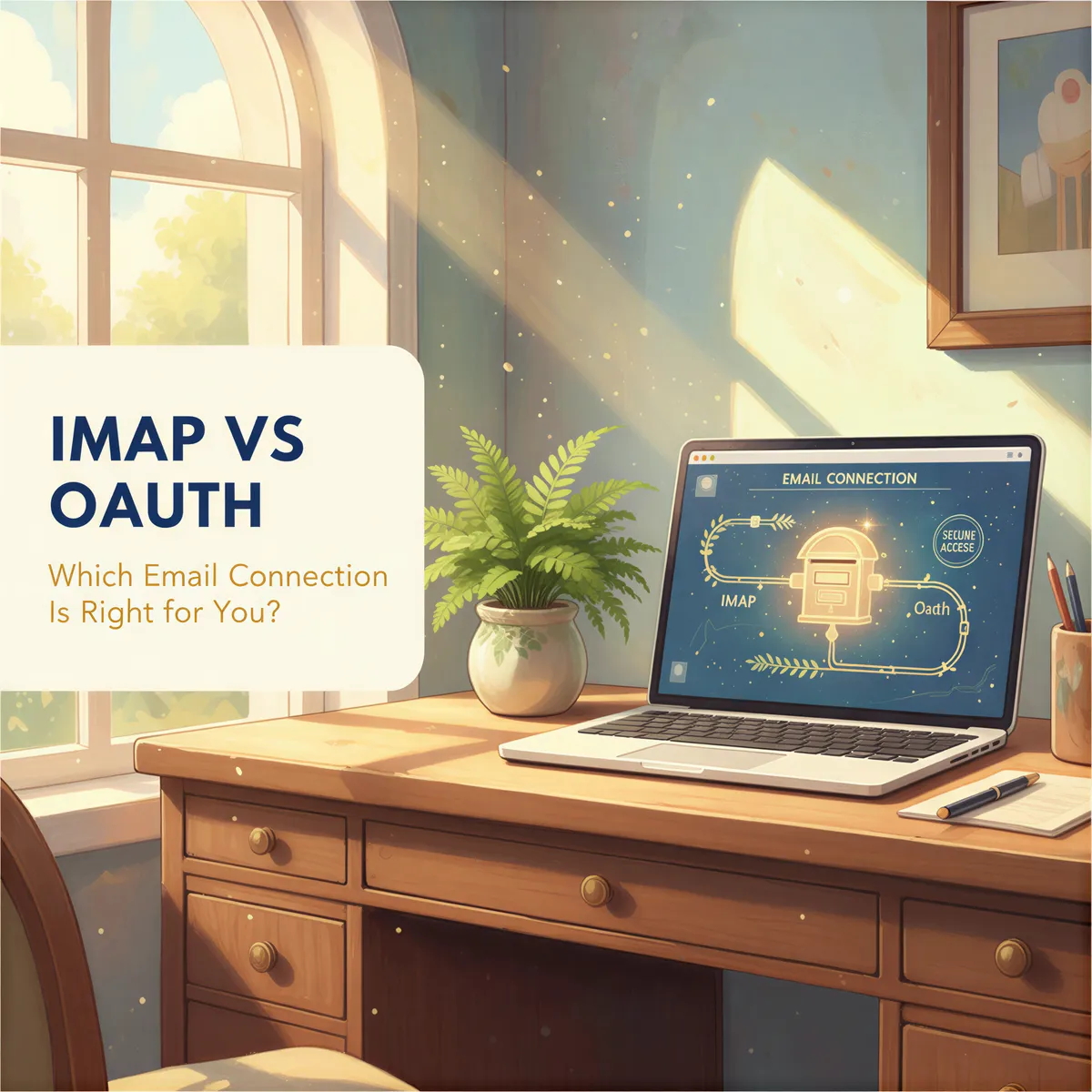 Banner image showing two stylized pathways leading to a glowing inbox, symbolizing the choice between IMAP and OAuth connection methods.