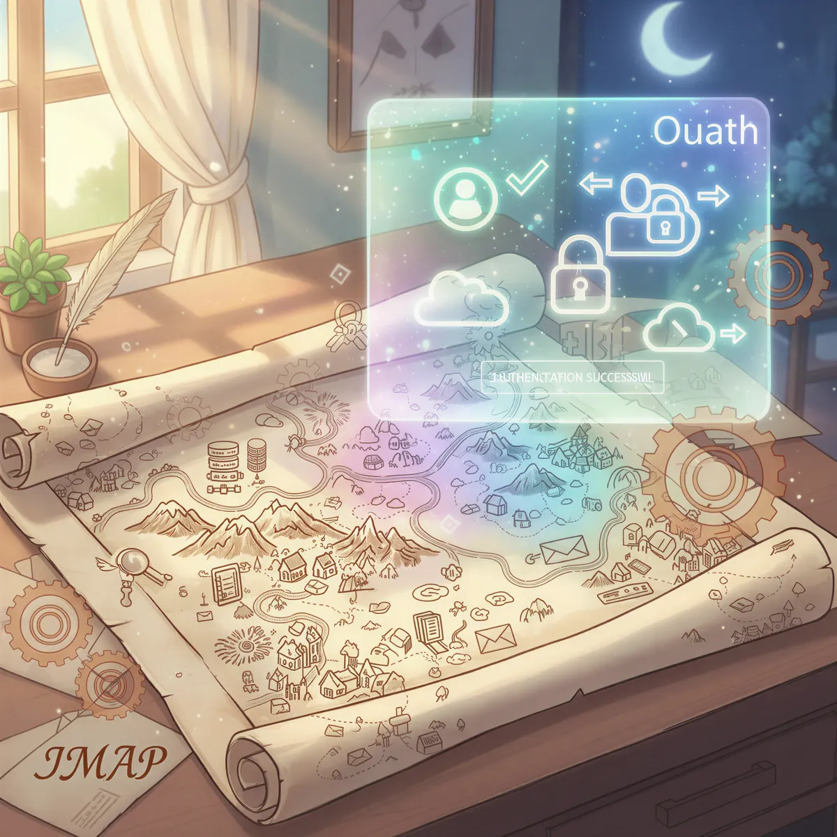 Studio Ghibli aesthetic focusing on clarity and contrast. Split scene diagonally. The lower left half shows a detailed, old parchment map representing IMAP, filled with intricate but readable symbols. The upper right half shows a clean, glowing holographic projection representing OAuth with easy-to-read checkmarks and symbols. The transition between the two halves is smooth and pastel-colored. Subtle inclusion of overlapping gears suggesting technical mechanisms.