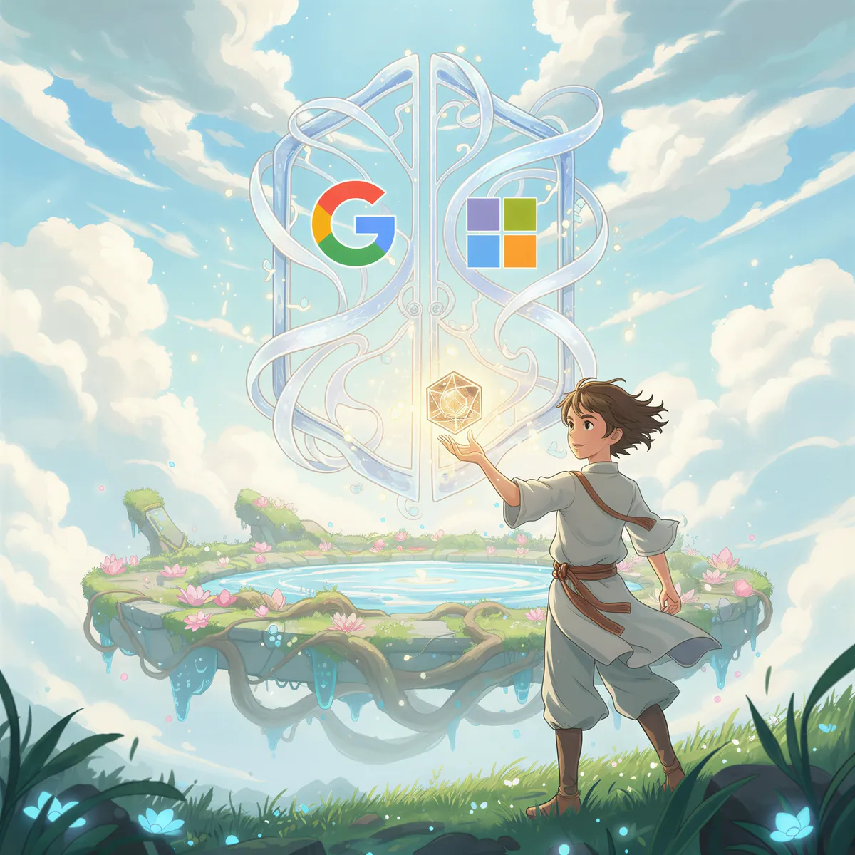 Studio Ghibli aesthetic, bright and airy scene dominated by soft blues and whites. A person is interacting with a stylized, ornate security gate or floating entity representing Google/Microsoft login. Instead of handing over a house key (password), they present a single, luminous, encrypted token. Focus on the absence of a physical password exchange. Dreamy lighting, representing modern, streamlined trust.