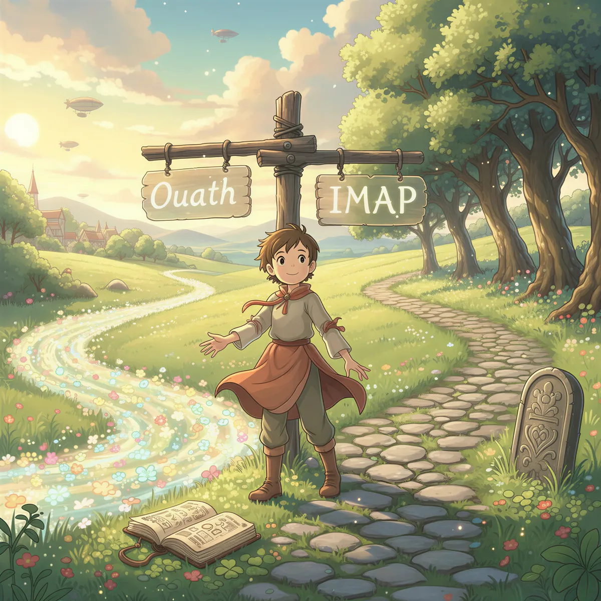 Ghibli style illustration showing a young person confidently choosing between two clearly labeled doors representing OAuth and IMAP connection methods.