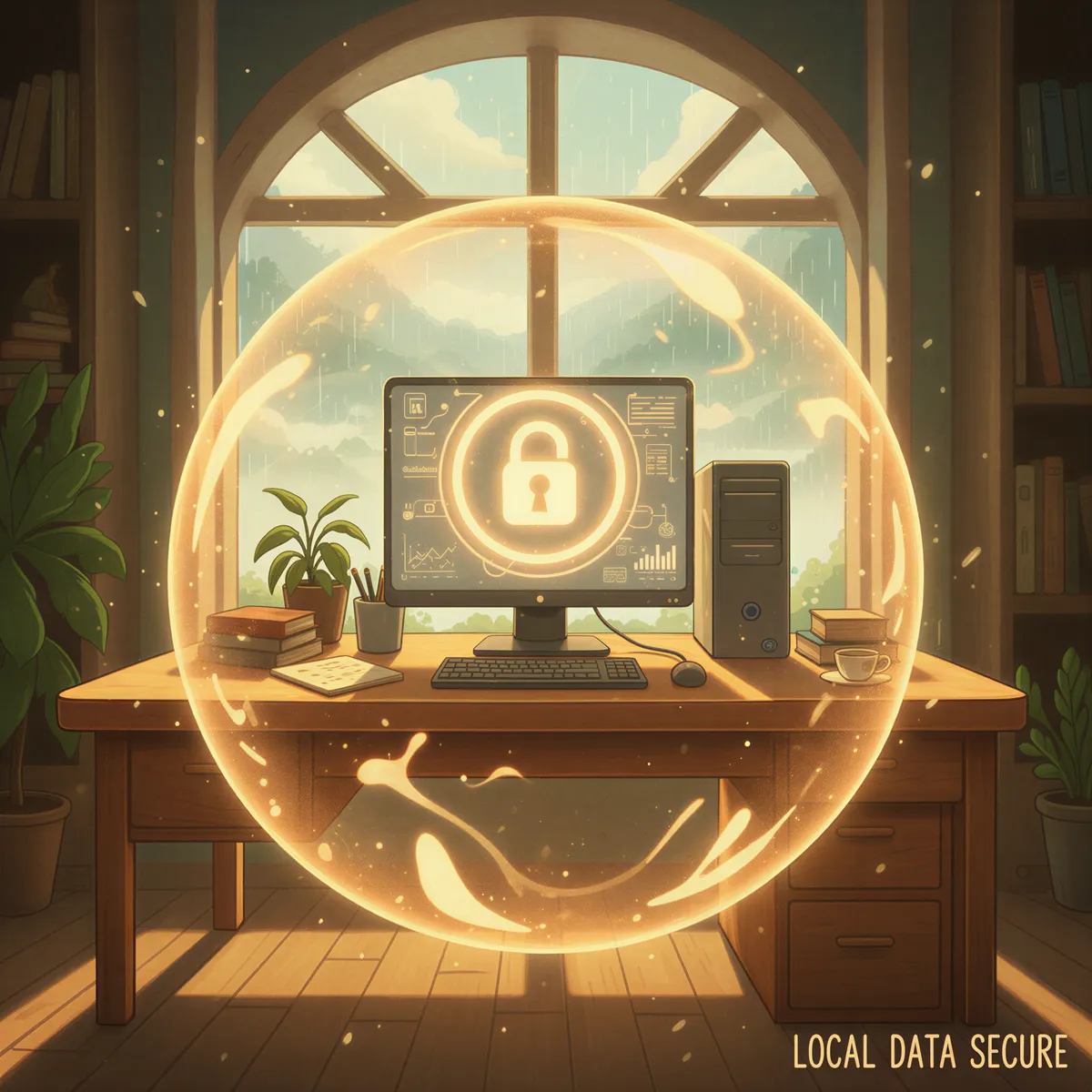 Studio Ghibli aesthetic, intimate and secure scene. A stylized desktop computer is sitting on a wooden desk, completely enveloped in a soft, amber-colored, protective energy bubble (representing local processing). Outside the bubble, soft rain or light fog suggests the outside world (cloud/servers). Focus on the feeling of safety and that data does not leave the immediate vicinity. Very warm and inviting lighting, emphasizing desktop application security.