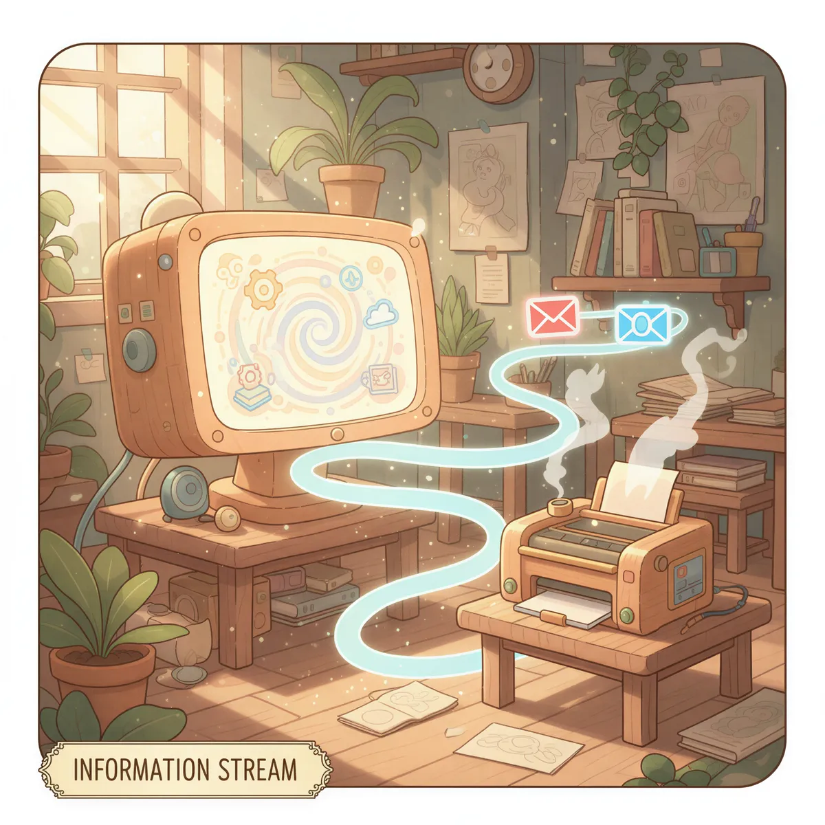 Ghibli illustration showing a stylized visualization of software connections—a digital line flowing from an agency management system icon to a printer icon.
