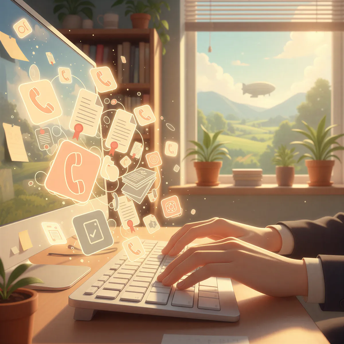 Ghibli illustration of an insurance agent overwhelmed by ringing phones and stacks of papers representing constant COI requests.