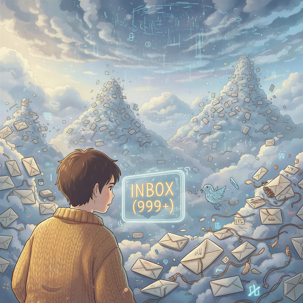 Ghibli illustration showing a digital illustration of a crowded email inbox filled with unread COI notifications stacked like physical mail.