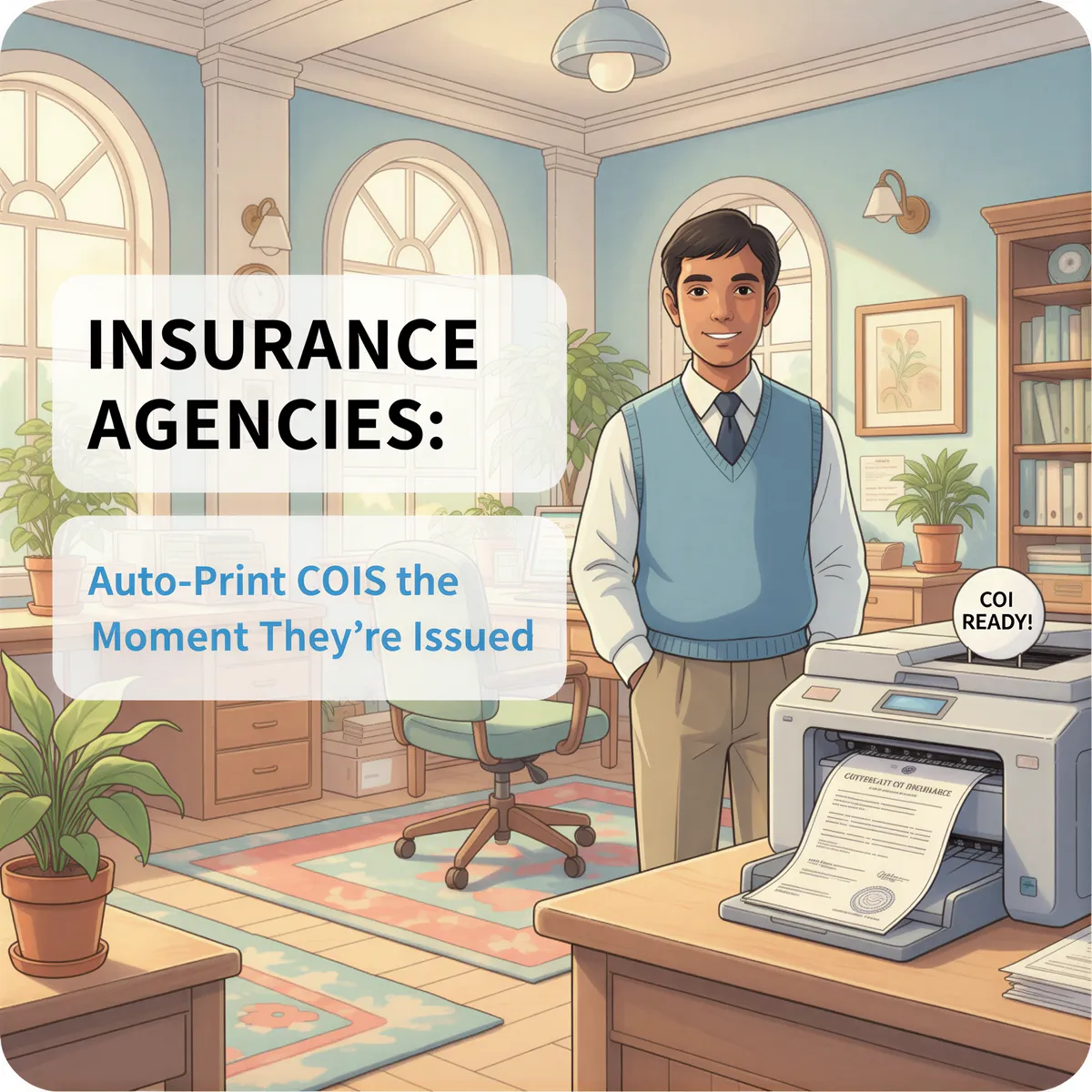 Studio Ghibli style banner showing a busy but calm insurance office where a printed Certificate of Insurance (COI) automatically appears on a desk.