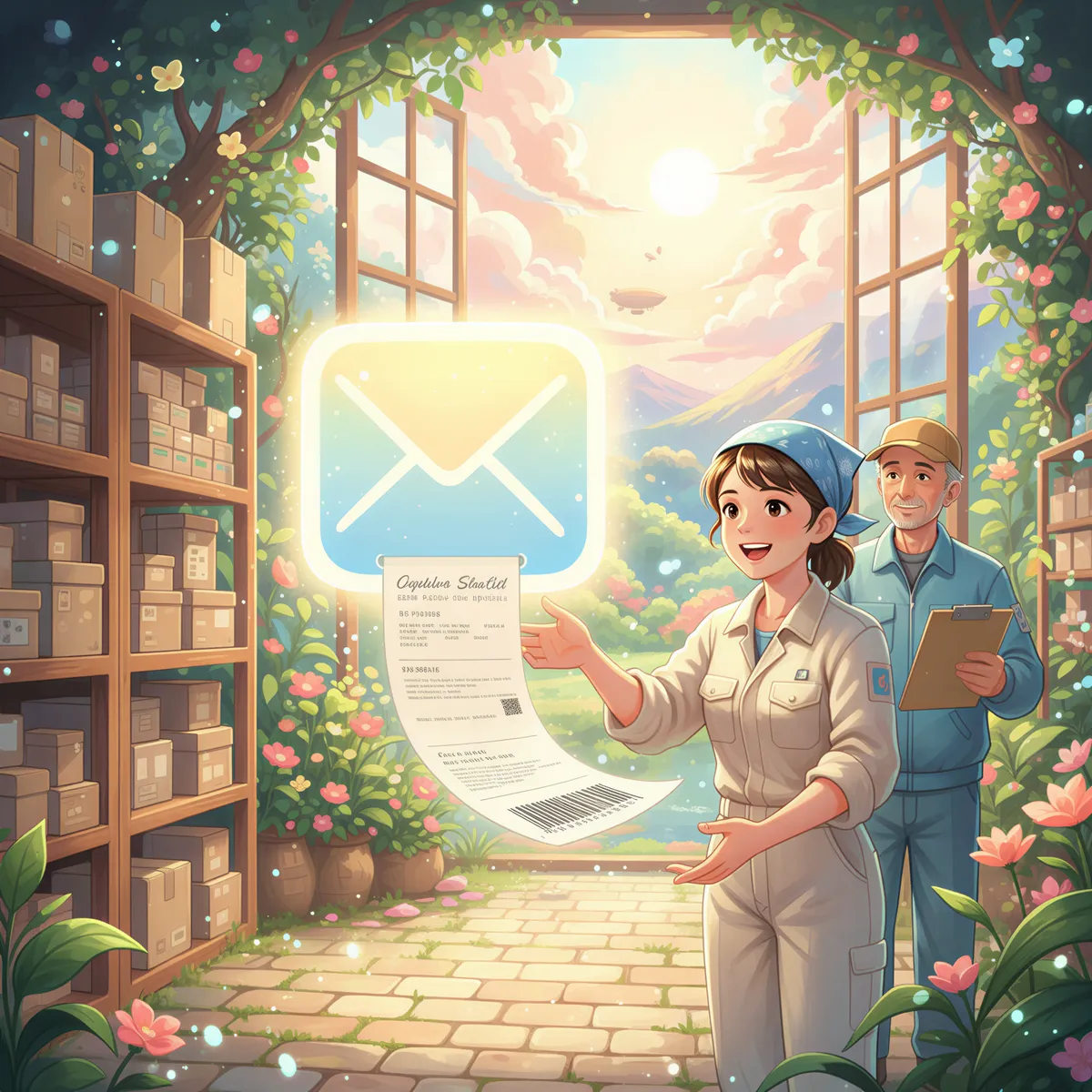 Ghibli illustration showing a magical, instantaneous paper printout emerging directly from a stylized email icon into a waiting driver's hand.