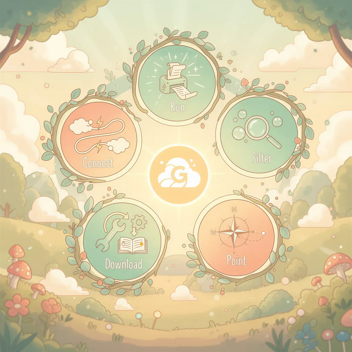 Ghibli inspired infographic showing five simple steps for software setup: download, connect email, filter, point printer, run.