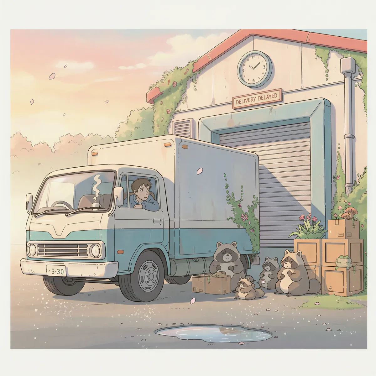 Ghibli style image showing a massive truck idling outside a warehouse while a clock ticks forward, representing lost time and waiting drivers.