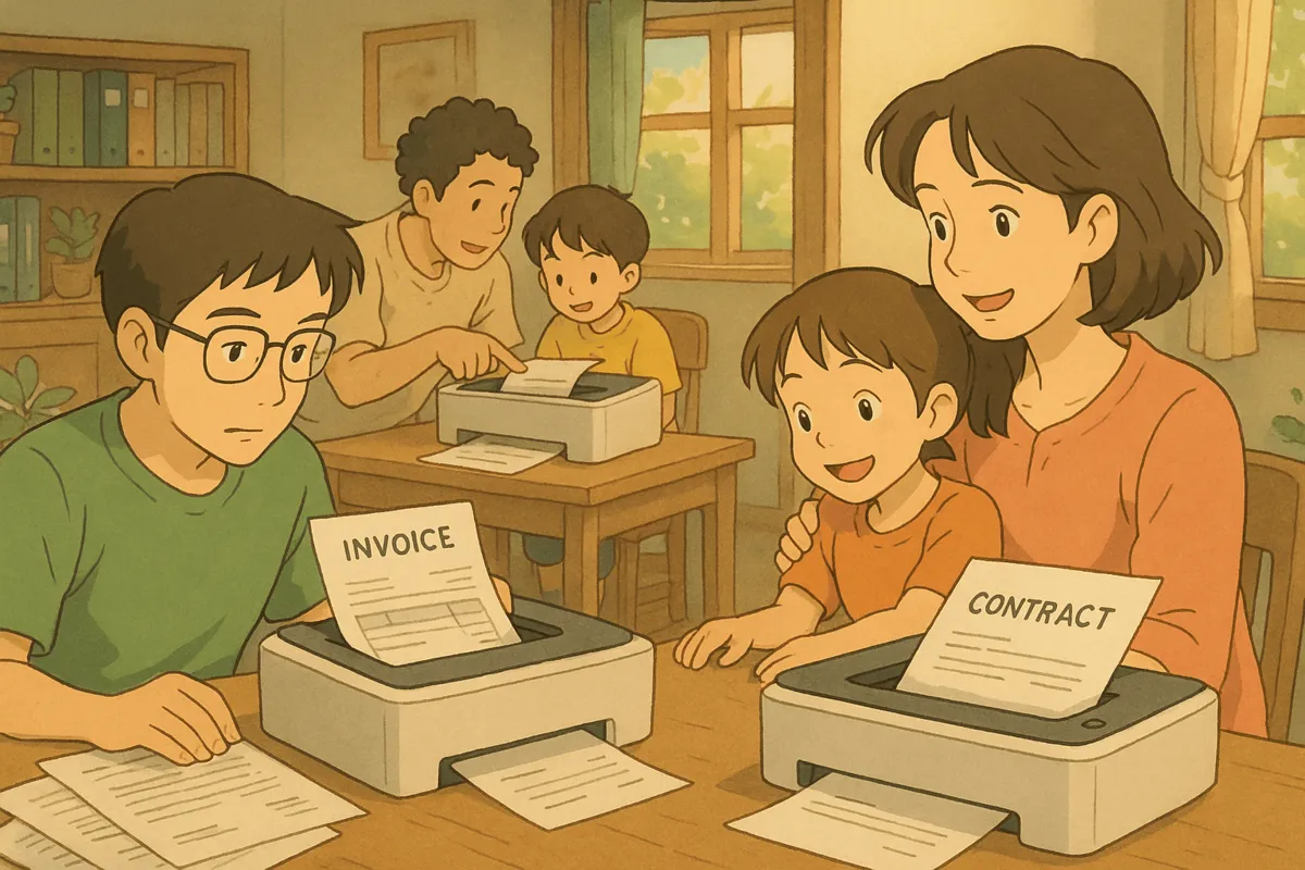 A family working together at a table, printing documents labeled 'Invoice' and 'Contract' from two printers, with a warm, homey atmosphere.