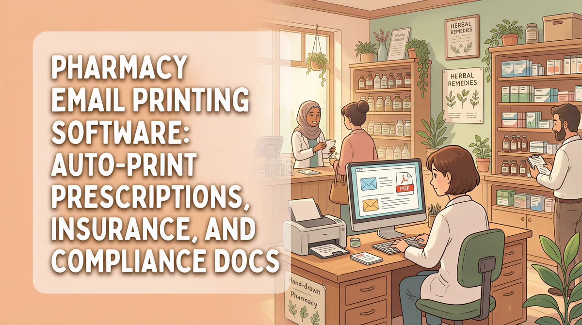 Banner for Pharmacy Email Printing Software article with Studio Ghibli aesthetic