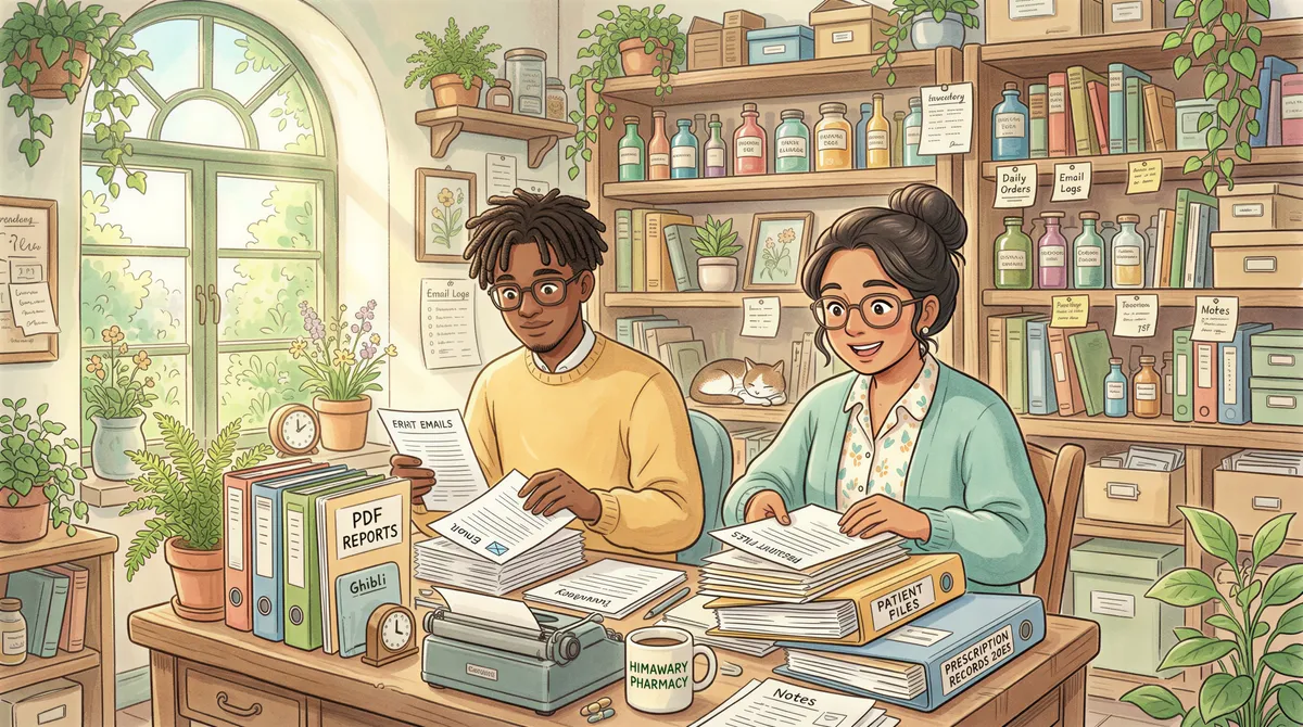 Pharmacist sorting heavy email and paper flow in a busy independent pharmacy