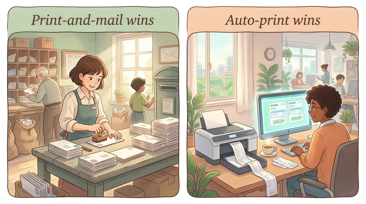 Split-scene showing 'Print-and-mail wins' vs 'Auto-print wins' in a Studio Ghibli-inspired workspace