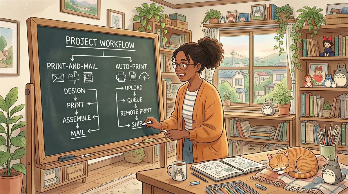 Person evaluating a decision tree between print-and-mail and auto-print in a cozy Studio Ghibli scene