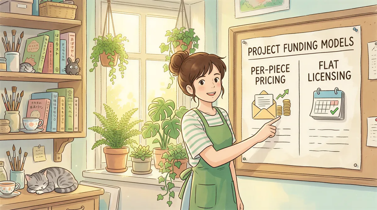 Visual comparison of per-piece pricing vs flat licensing in a cozy Studio Ghibli setup