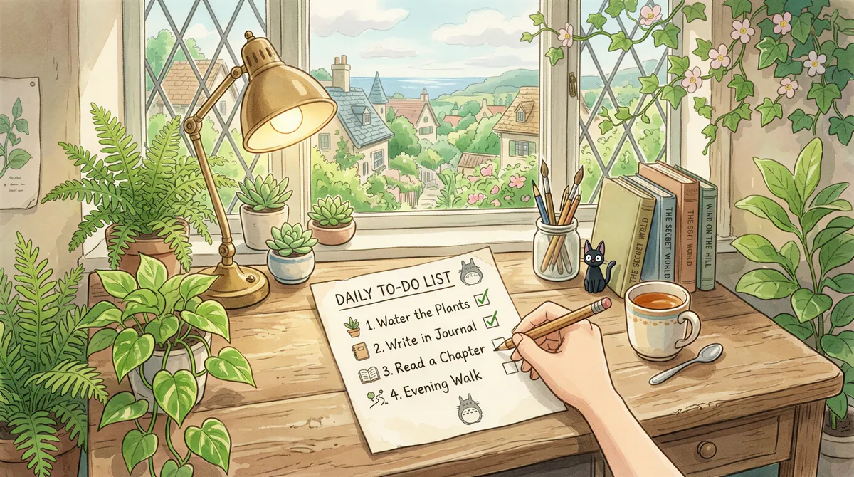 Studio Ghibli-inspired desk showing both workflows integrating in a single process
