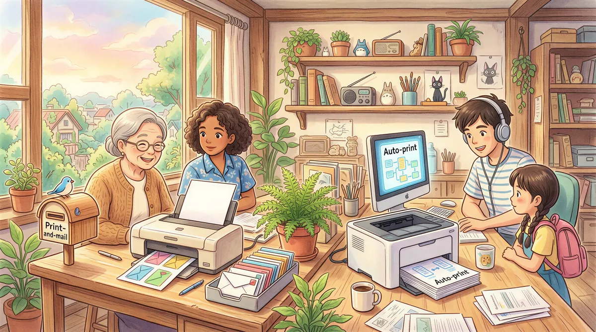 Illustration contrasting print-and-mail vs auto-print workflows in a cozy Studio Ghibli-inspired office