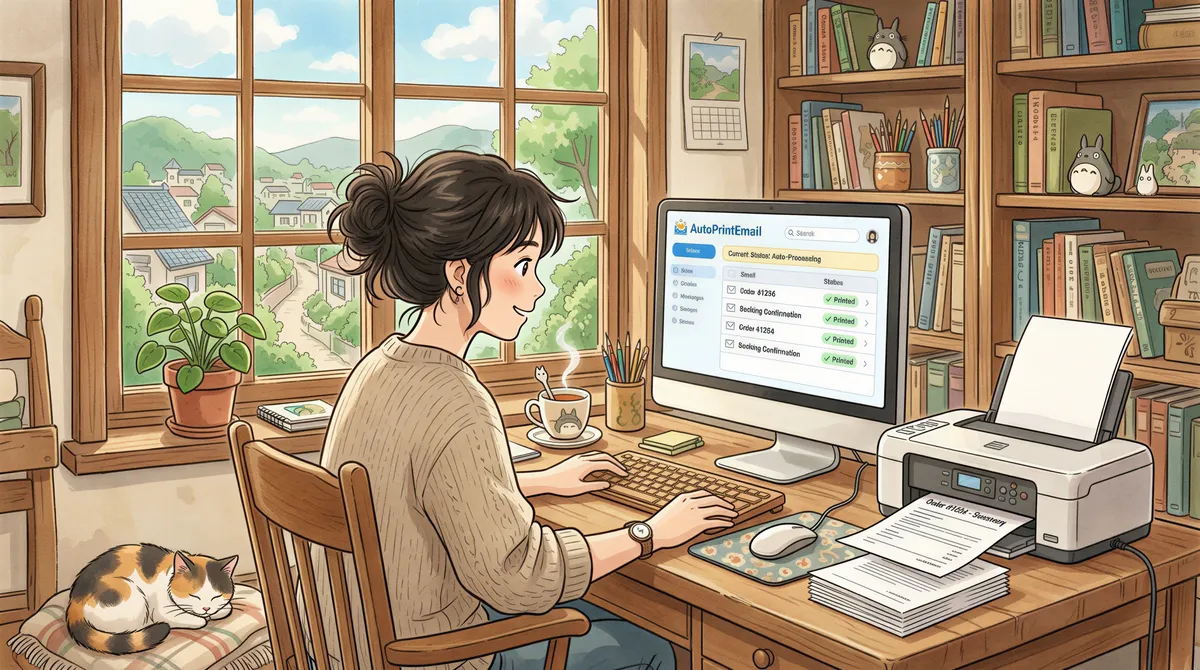 AutoPrintEmail fits into a cozy workflow illustration