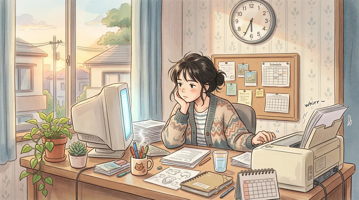 Tired accountant watching a printer print slow; time-lapse concept