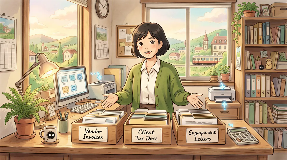 Desk with three document categories: invoices, tax documents, engagement letters for automation