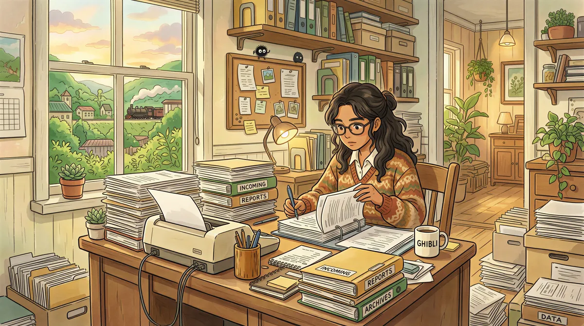 Busy accounting office printing emails; papers and printer in warm Studio Ghibli setting