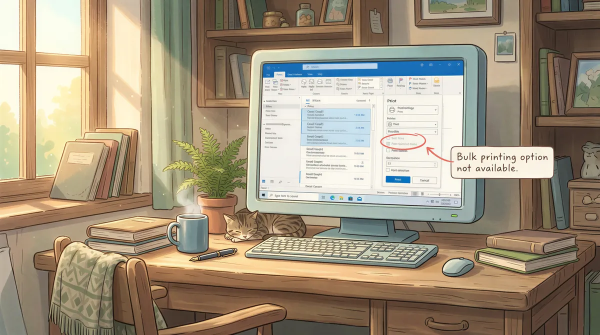 Outlook no bulk print option shown with user puzzled