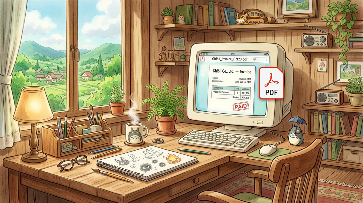 Saving invoices as PDF on a cozy desk setup
