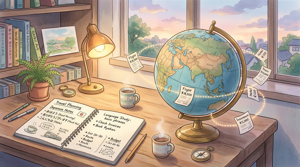 Globe with invoices and planning for international mail
