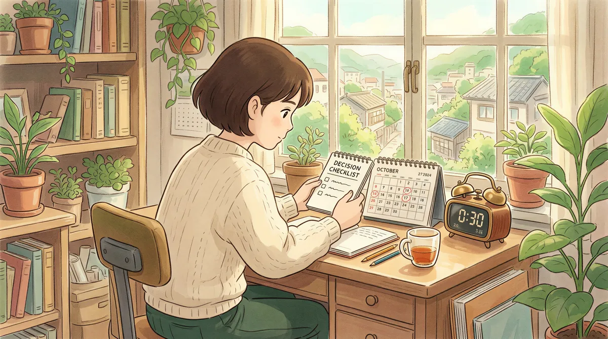 Decision-making moment with checklist and clock