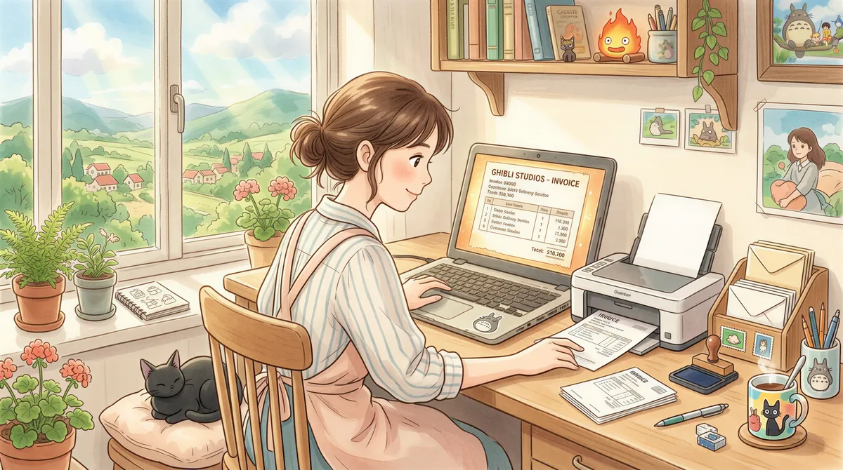 Office worker using AutoPrintEmail to auto-print invoices while preparing envelopes