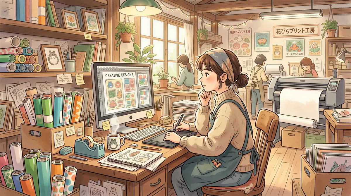 Print shop staff member overwhelmed with manual email orders at a desk