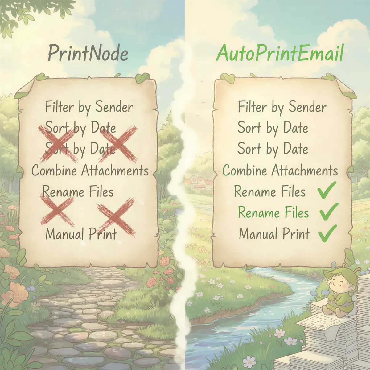 A diptych style image with a soft vertical division. On the left panel (PrintNode), show a slightly faded list of tasks (like 'Filter by Sender') with large red 'X' marks over them, done in muted colors. On the right panel (AutoPrintEmail), show the same list but with vibrant green checkmarks, bathed in warm morning light. A small, happy character overlooks the successful right side. Use warm pastel palette.