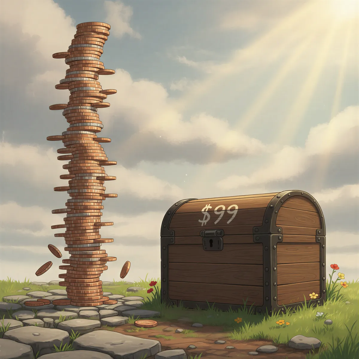 A visual metaphor for pricing: On the left, a tall, slightly precarious tower made of small, identical coins, suggesting monthly payments, under a slightly overcast sky. On the right, a solid, simple wooden treasure chest, clearly labeled '$199' on its lid, sitting firmly on the ground under a bright sunbeam. Warm, earthy tones dominate the scene. The chest radiates peace and permanence.