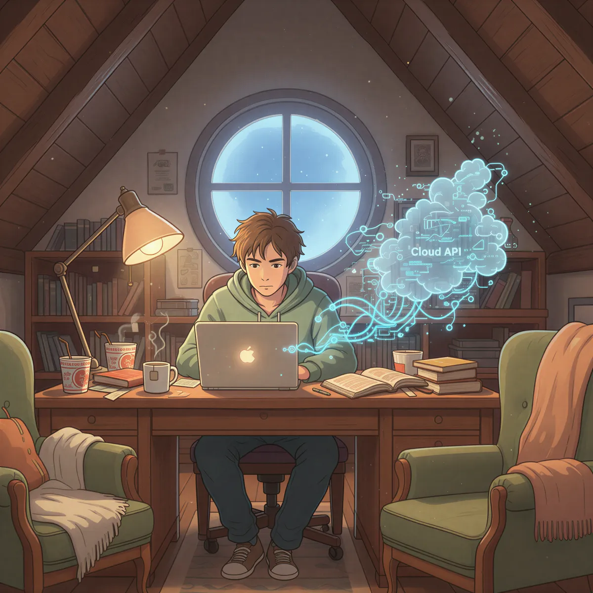 Ghibli style scene showing a focused developer coding late at night, with complex code diagrams glowing softly in the background representing an API.