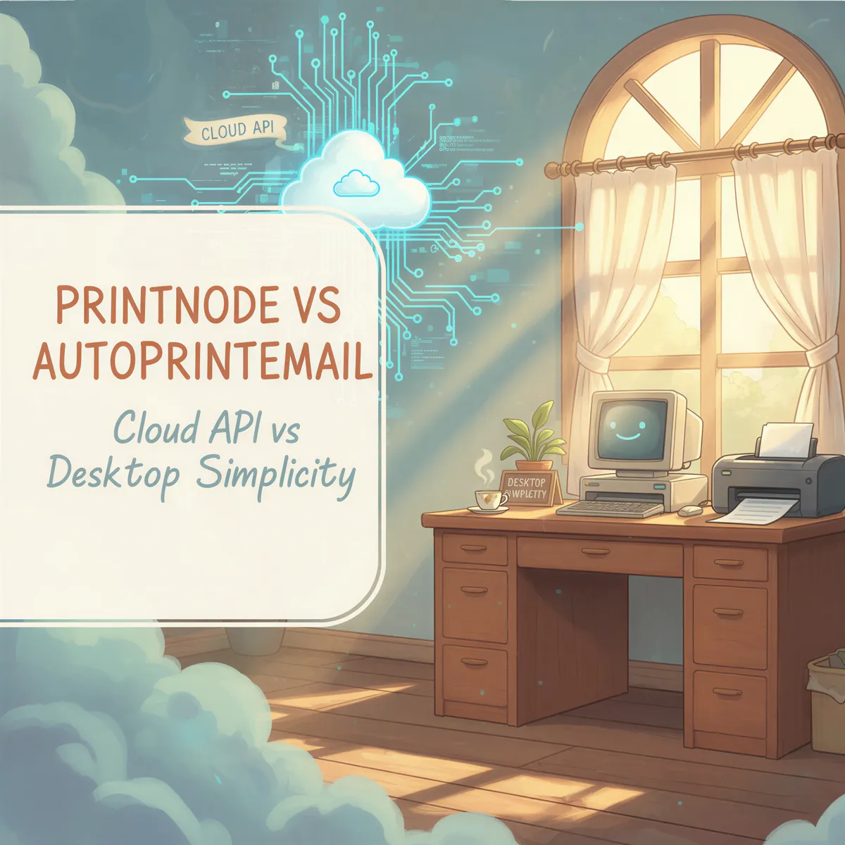 A serene, Ghibli-style illustration contrasting complex API code (represented by glowing lines) with a simple desktop icon, featuring the title overlay.