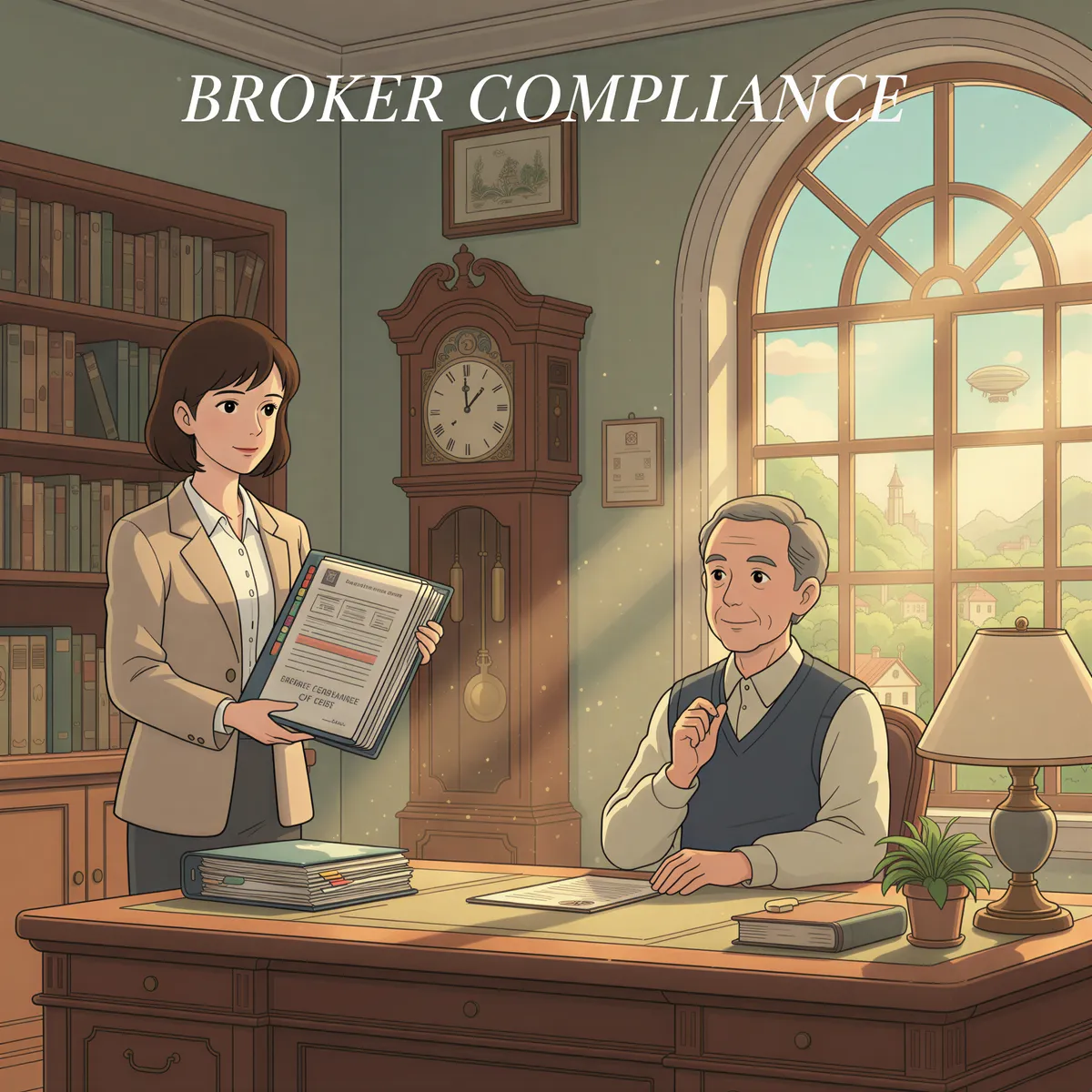 A Ghibli-style scene showing an agent easily presenting a perfectly organized paper file during a compliance review with a pleased broker.