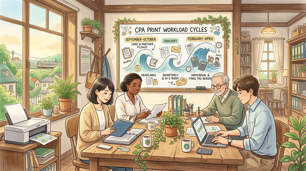 CPA firm workflow illustration for the tax-season print profile in a typical CPA firm