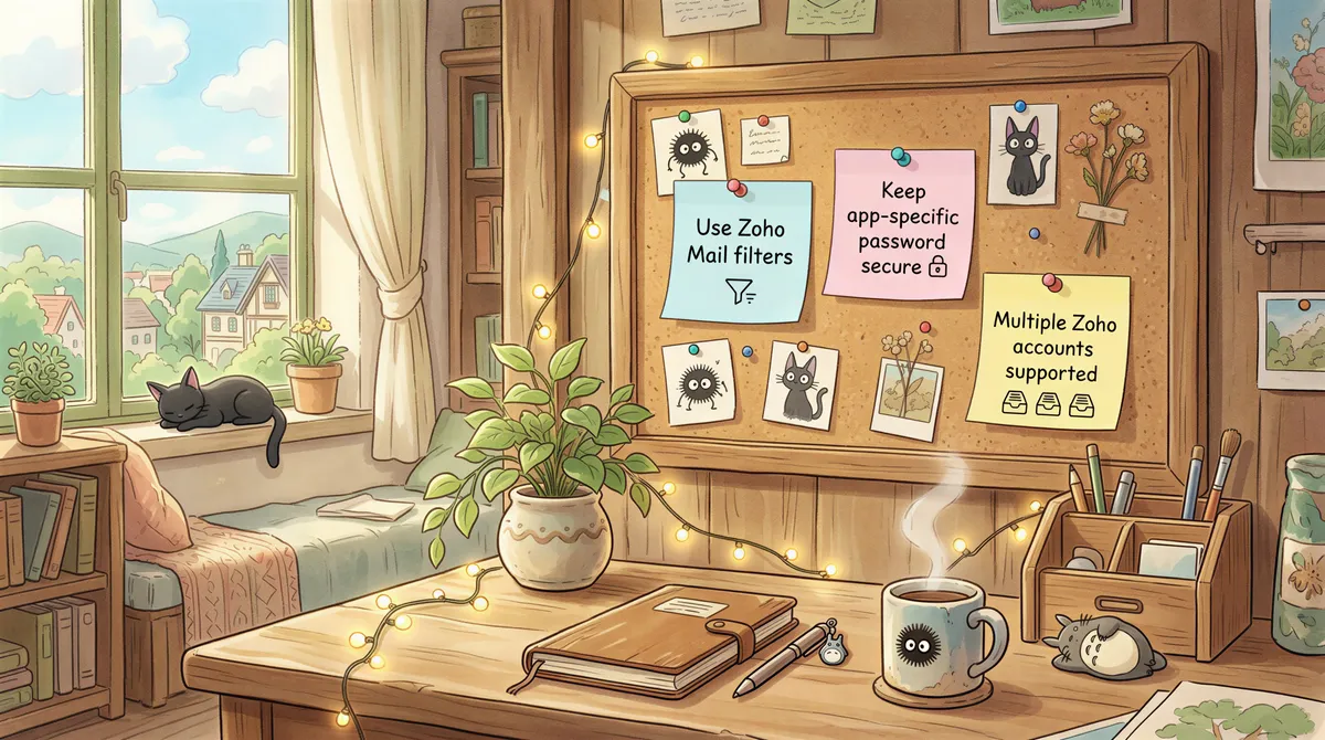 Zoho-specific tips presented on a corkboard in a warm studio setting