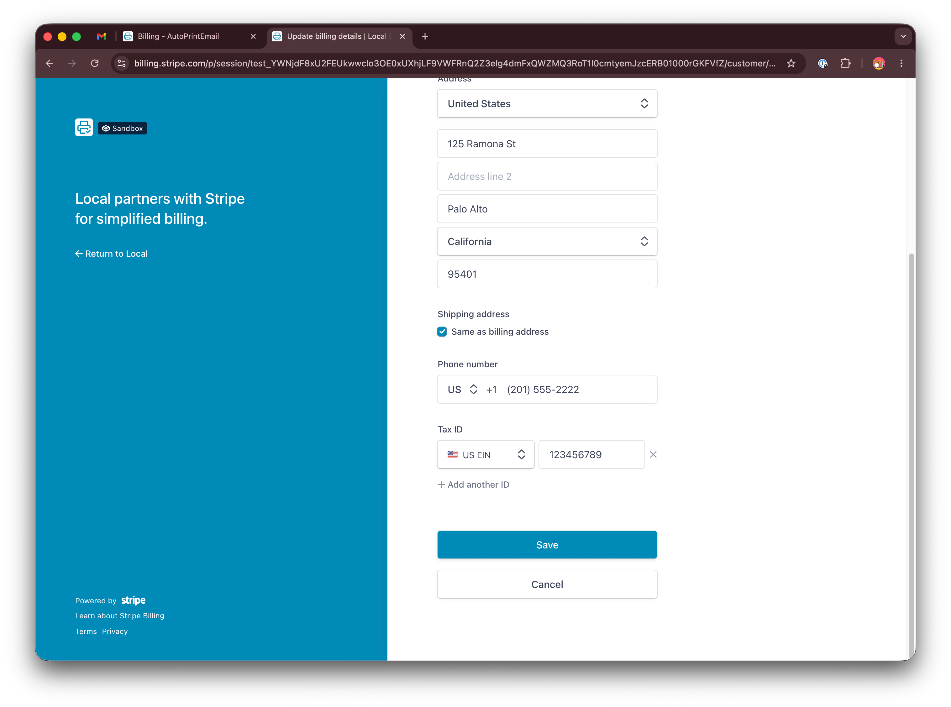 Stripe portal Tax ID field with country dropdown and ID input