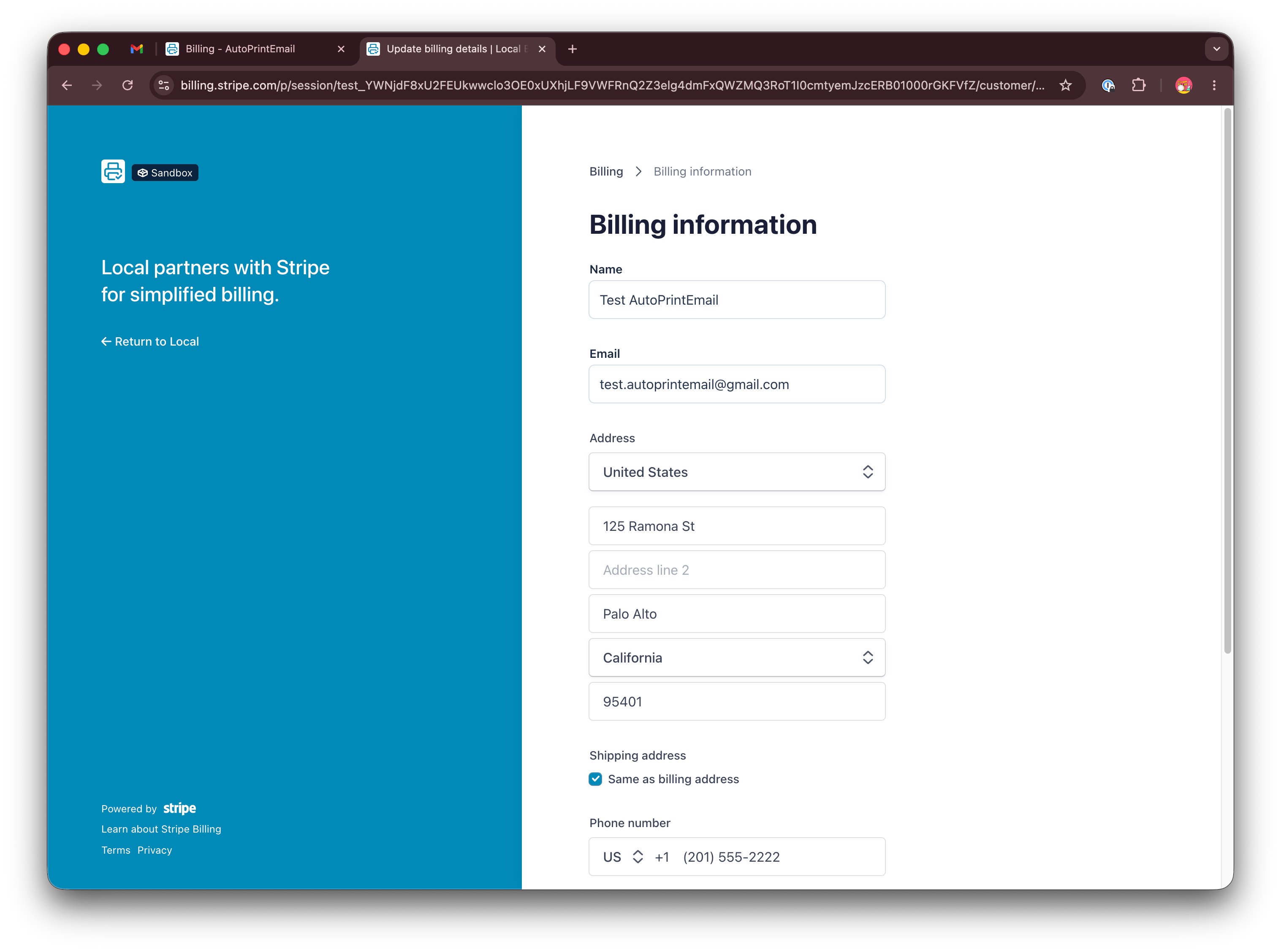 Form showing company name, billing address, and country fields