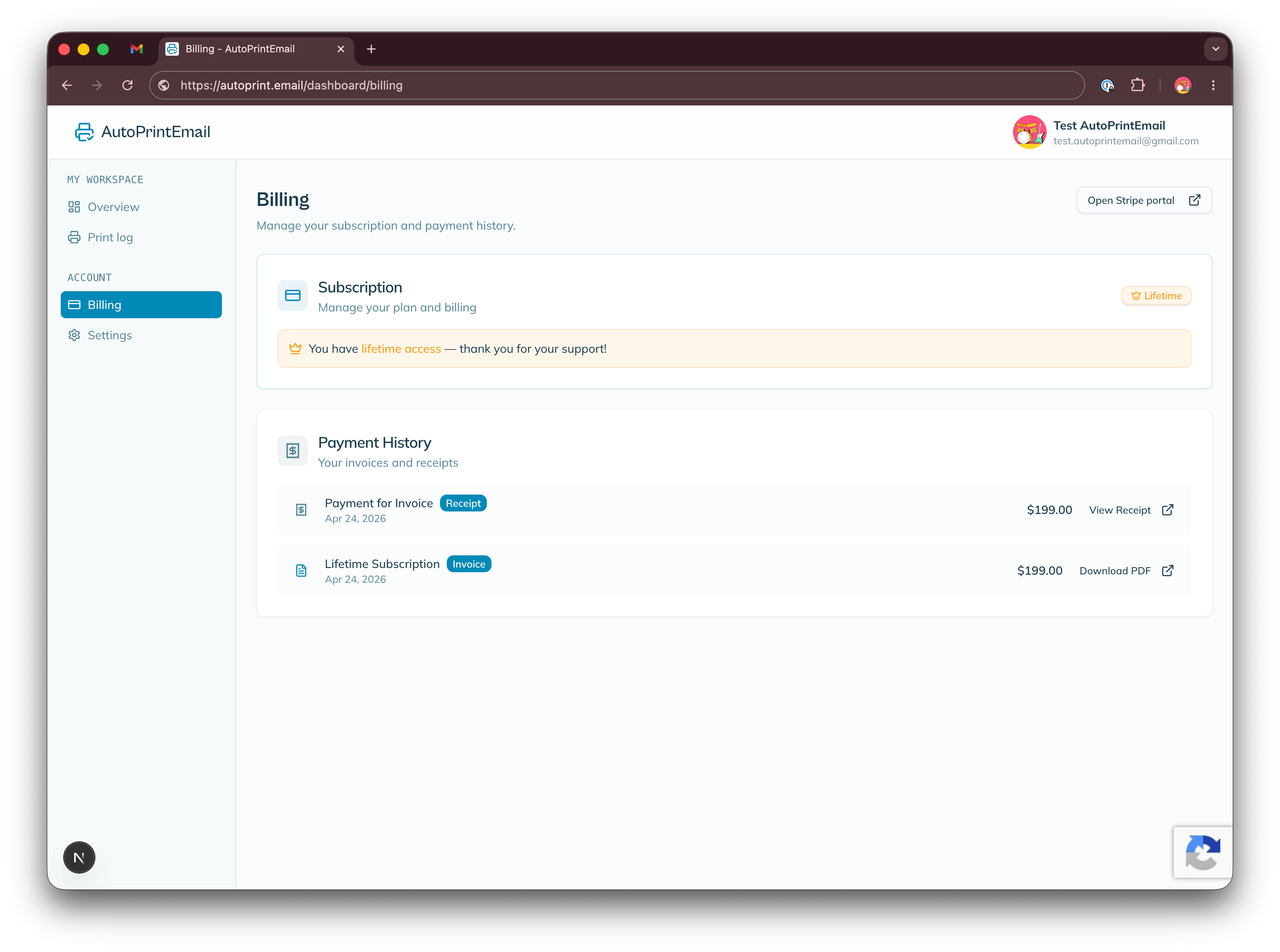 Billing page on the AutoPrintEmail dashboard with the Open Stripe portal button highlighted in the top right