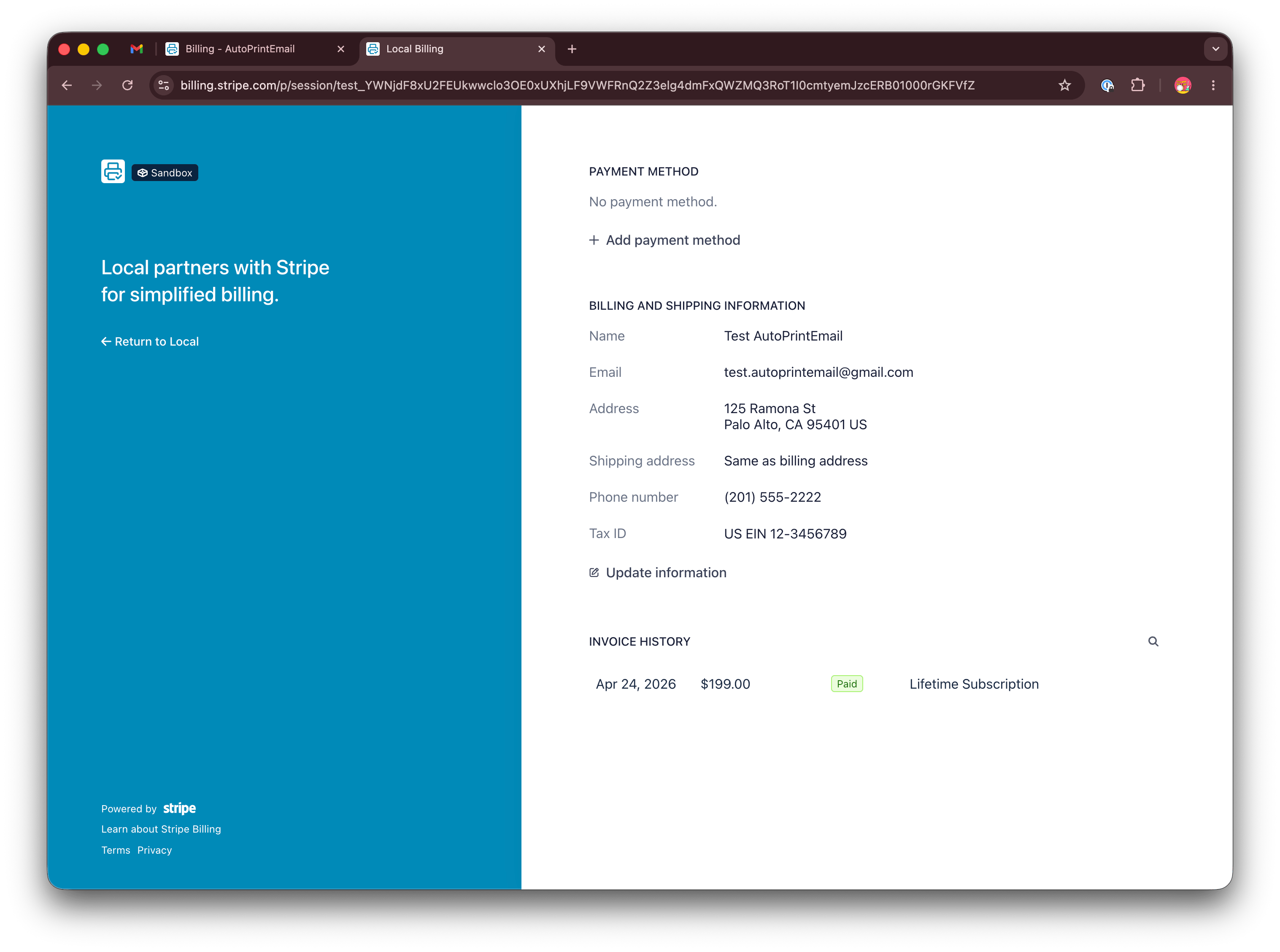 List of past invoices in the Stripe customer portal with download icons next to each
