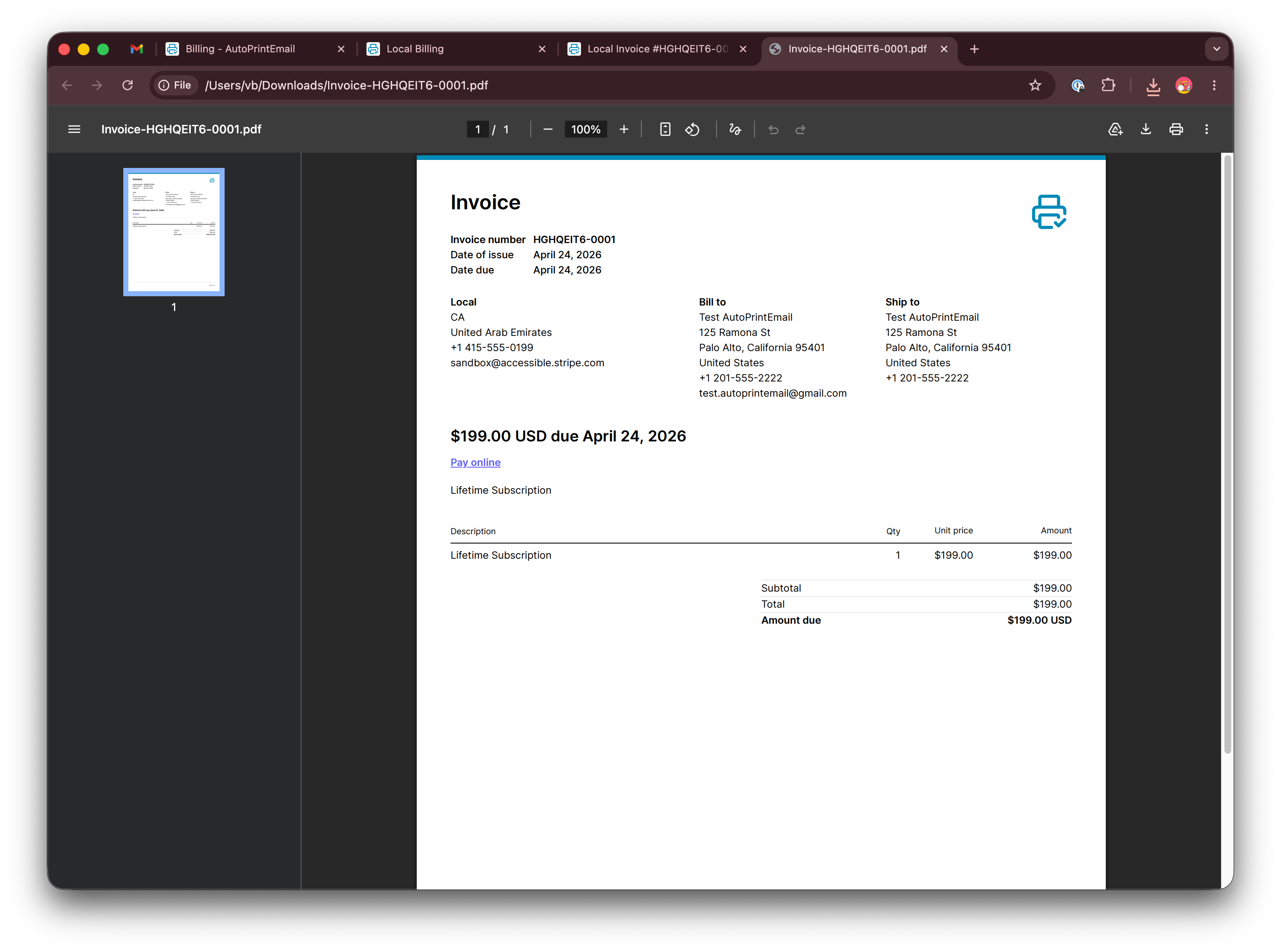 Sample invoice PDF with company name, billing address, and tax ID visible at the top