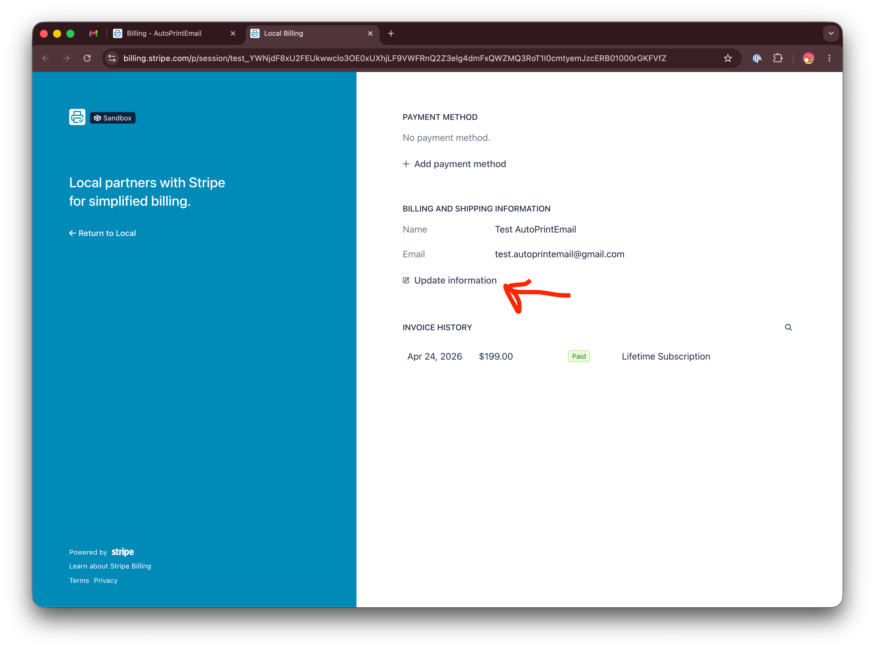 Stripe customer portal home page